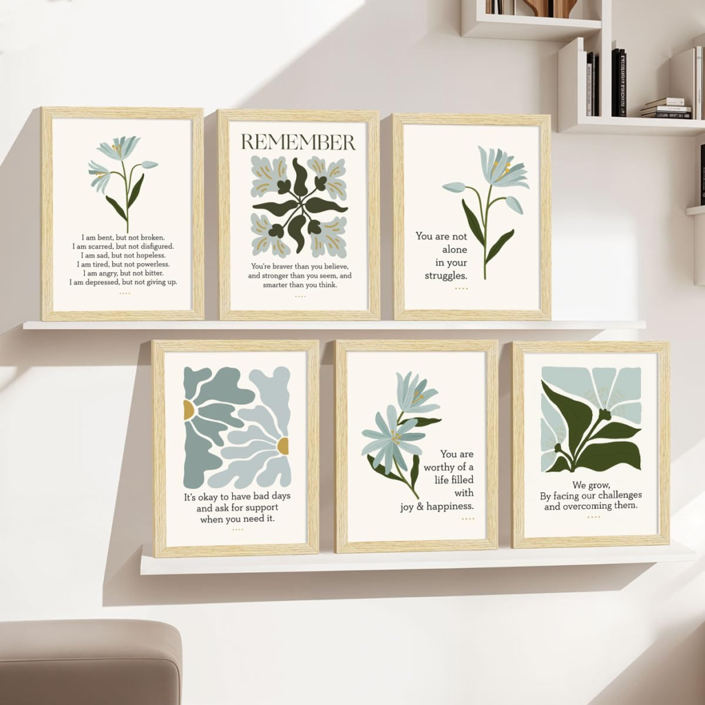 Boho motivational wall frames with inspirational quotes for minimalist home office and bedroom décor.